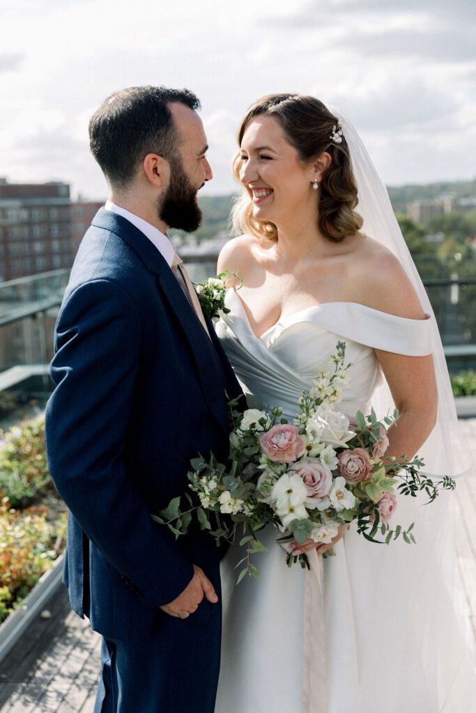 Bride & Groom portraits with blush pink and green bridal bouquet